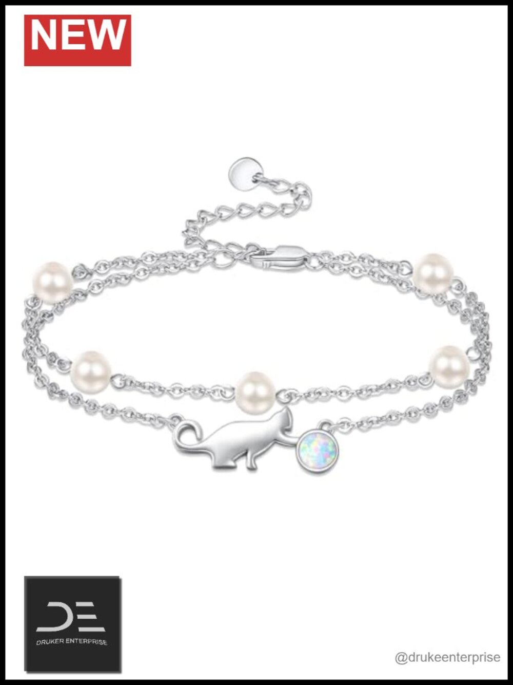 925 Sterling Silver Pearl Cat Charm Bracelet Adjustable Women's Jewelry Gift